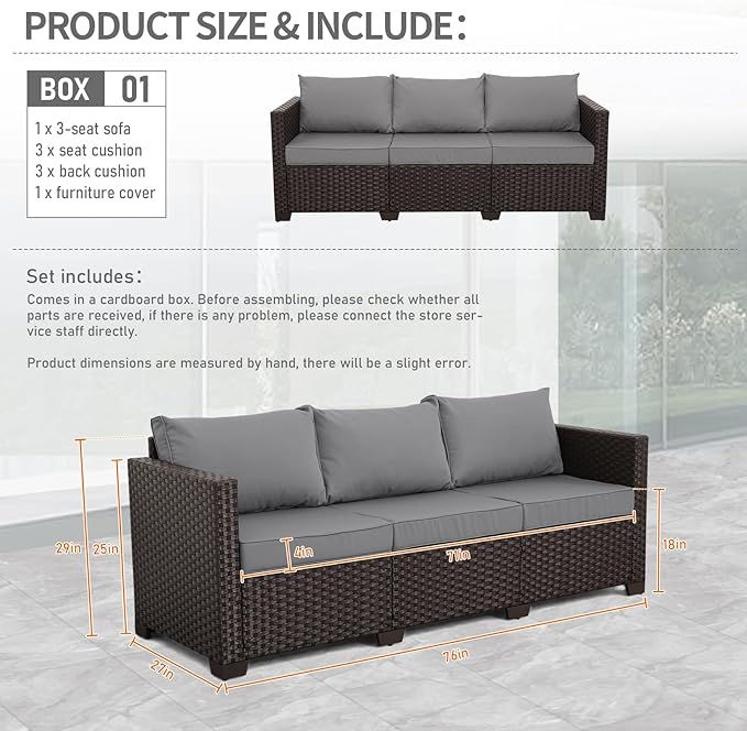 Valita Patio Furniture 3-seat Sofa Brown Wicker Outdoor Furniture Outdoor Couch Deep Seat High Backrest Waterproof - Photo 3