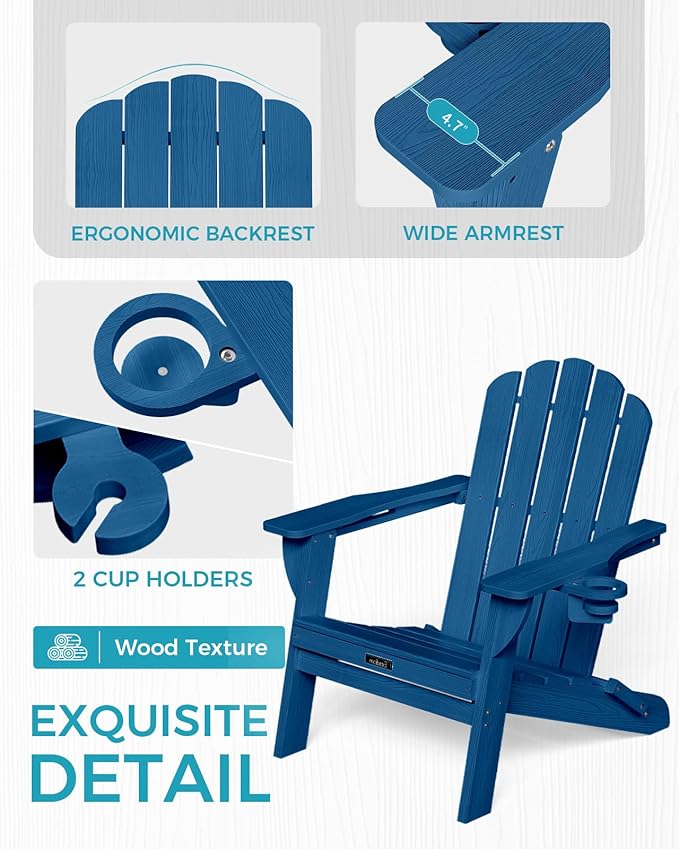 Folding Adirondack Chair, HDPE Adirondack Chair with 2 Cup Holders, Pre-Assembled Outdoor Fire Pit Chairs for Patio - Photo 5