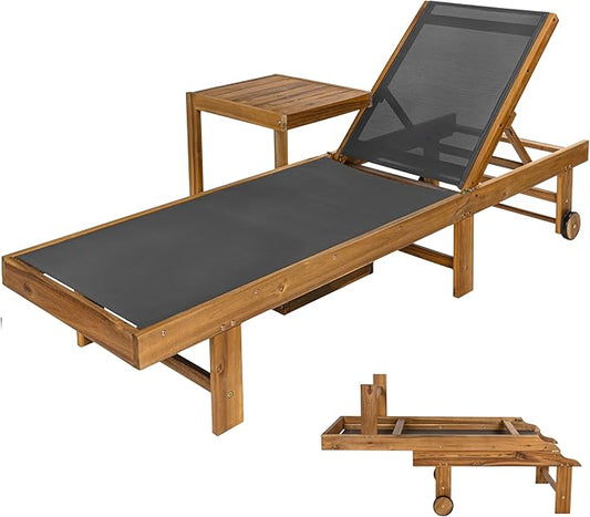 JONATHAN Y LNG1101A-2SET Trabuco Coastal Modern Acacia Wood Mesh 3-Position Outdoor Foldable Chaise Lounge Set with Side Table for Pool, Deck, Poolside, Dark Gray/Teak Brown