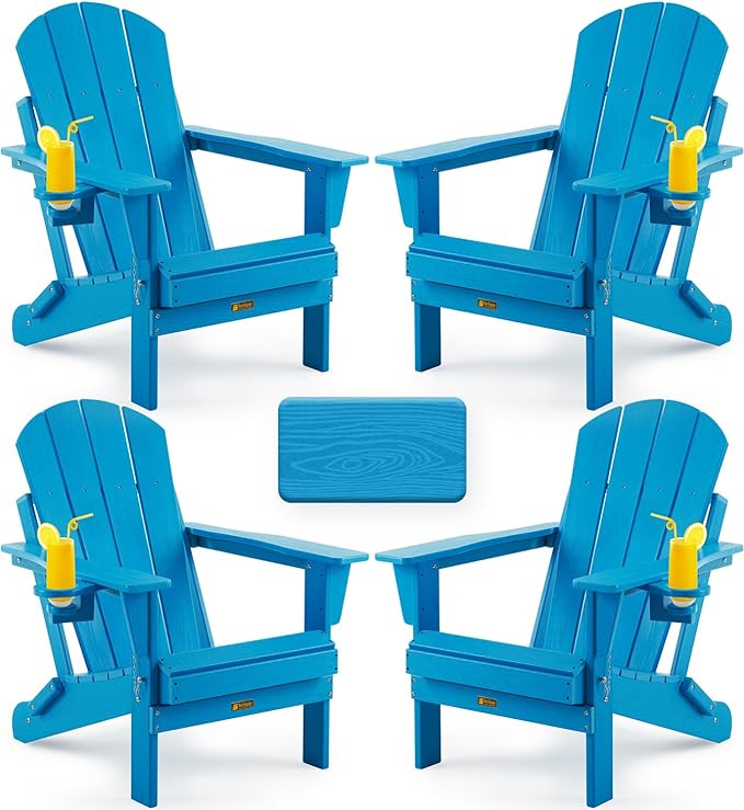 Folding Adirondack Chair, Patio Chair Wood Texture, Outdoor Chair Weather Resistant, Fire Pit Chair with Cup Holder, Composite Adirondack Chair Set of 4(Pacific Blue)