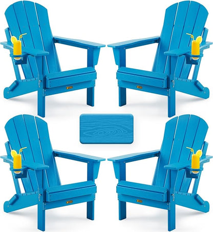 Folding Adirondack Chair, Patio Chair Wood Texture, Outdoor Chair Weather Resistant, Fire Pit Chair with Cup Holder, Composite Adirondack Chair Set of 4(Pacific Blue)