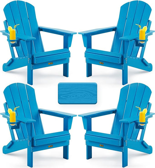 Folding Adirondack Chair, Patio Chair Wood Texture, Outdoor Chair Weather Resistant, Fire Pit Chair with Cup Holder, Composite Adirondack Chair Set of 4(Pacific Blue)