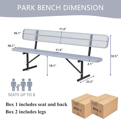 4/6/8 Feet Park Bench for Outside Heavy Duty Metal, Garden Benches Outdoor Bench with Backrest & Portable Frame, for Shopping Malls Stores Parks Patios Decks, Grey