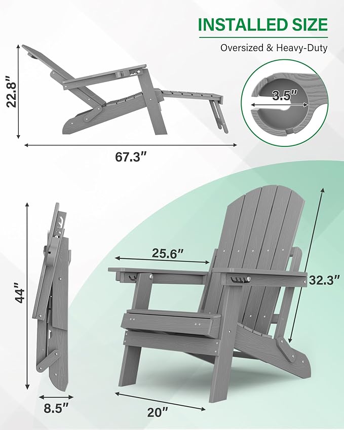 YEFU Adjustable Adirondack Chair with Footrest Set of 4, 5-Level Adjustable Adirondack Chair with Retractable Ottoman& Cup Holder, Folding Adirondacks Chairs Use for Outdoor, Pool, Fire Pit
