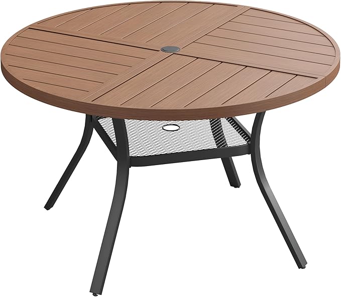 VICLLAX 40.6" Round Patio Dining Table for 4, All Weather Metal Outdoor Table with 1.57" Umbrella Hole and Storage Shelf for Garden Lawn Deck, Walnut