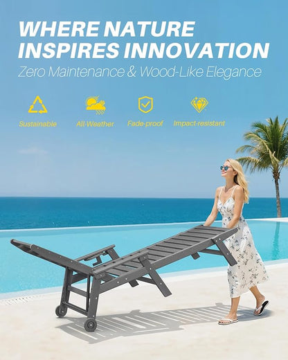 HDPE Outdoor Chaise Lounge Chair, 78.4'' Adjustable Outdoor Lounger with Wheels & Cup Holder, 5 Positions Poly Lounge Chair Furniture, HDPE Patio Lounge Chair for Poolside, Deck, Smoke Gray