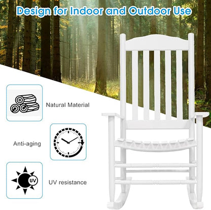Wooden Rocking Chair Outdoor with 350lbs Weight Capacity All Weather Porch Rockers for Garden, Lawn, Porch, Backyard (1, White