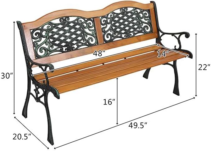 LICOME 49" Garden Bench Outdoor Bench Patio Bench,Cast Iron Metal Frame Patio Park Bench with Floral Pattern Backrest,Arch Legs for Porch,Lawn,Yard(Style1)