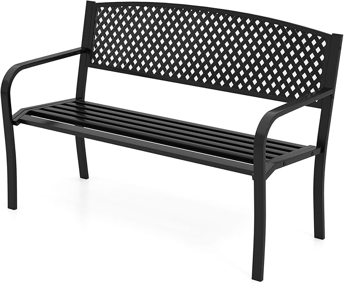 Tangkula Metal Outdoor Park Bench, 50 Inches Garden Bench with Patterned Backrest and Curved Armrests, 2-3-Person Patio Bench, Outside Heavy-Duty Metal Loveseat Chair for Porch, Lawn, Yard & Park