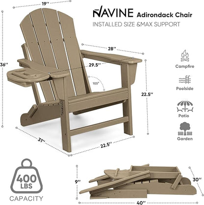 Adirondack Chair, HDPE Folding Adirondack Chair with Multifunctional Cup Holder, Weather Resistant Fire Pit Chair for porches, patios, patios, poolsides, Decks.