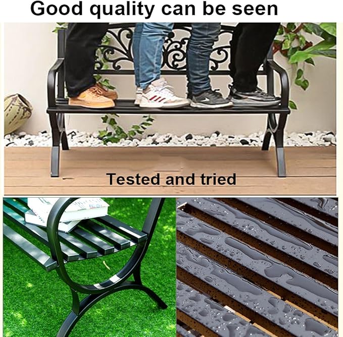 Outdoor Bench Weatherproof Metal Garden Bench with Slatted Patio Bench with Floral Pattern Backrest, Arch Legs for Porch, Patio, Garden, Lawn, Balcony(White)