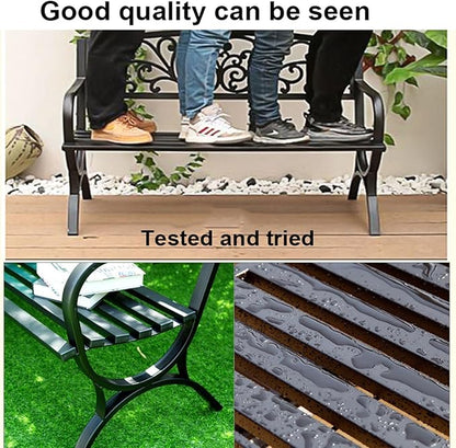 Outdoor Bench Weatherproof Metal Garden Bench with Slatted Patio Bench with Floral Pattern Backrest, Arch Legs for Porch, Patio, Garden, Lawn, Balcony(Black)