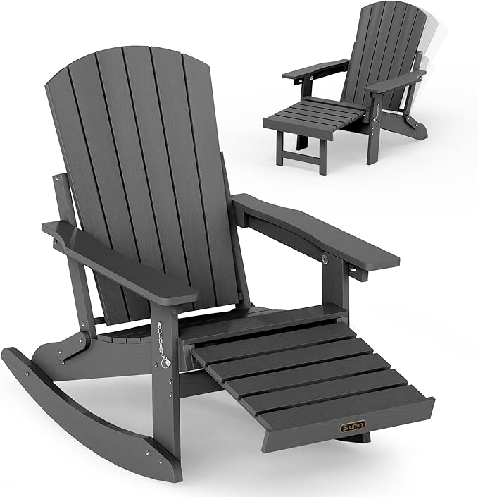 Adirondack Rocking Chair with Retractable Ottoman, 4-in-1 Foldable Reclining Patio Chair, HDPE Wood-Look Outdoor Rocker for Porch, Garden & Poolside, Grey