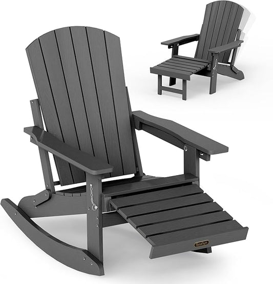 Adirondack Rocking Chair with Retractable Ottoman, 4-in-1 Foldable Reclining Patio Chair, HDPE Wood-Look Outdoor Rocker for Porch, Garden & Poolside, Grey