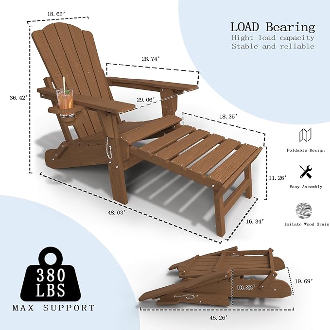 Adjustable Adirondack Chairs with Retractable Ottoman Set of 8, HDEP Folding Adirondack Chair with Footrest & Cup Holder, All Weather Fire Pit Chair for Outdoor,Wood