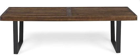 Patio Dining Bench with Iron Legs Modern Backless 3-Seater Outdoor Acacia Wood Chair Weather Resistant Garden Dining Chair Comfortable Seating Brown Black