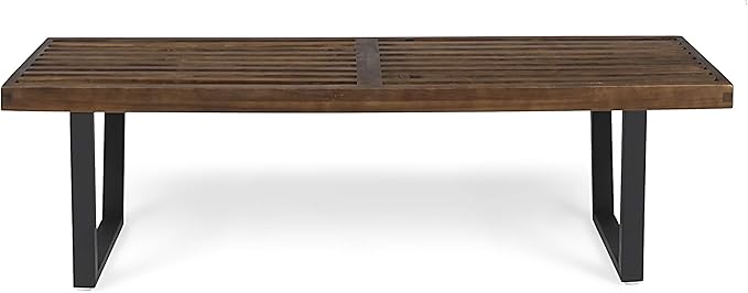 Merax 61.75" Acacia Wood Dining Bench with Iron Legs, Modern Indoor Outdoor Bench for Kitchen Table, Patio, Entryway, Brown and White