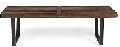 Merax 61.75" Acacia Wood Dining Bench with Iron Legs, Modern Indoor Outdoor Bench for Kitchen Table, Patio, Entryway, Brown and White