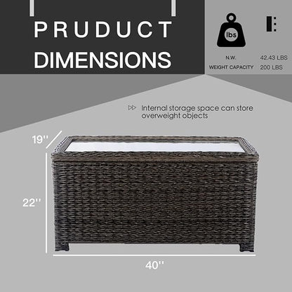 Classic Wicker Patio Coffee Table with Storage, 40'' All-Weather Rattan Outdoor Coffee Tables, Tempered Glass Flip-Top, Waterproof for Porch Backyard, Dark Brown