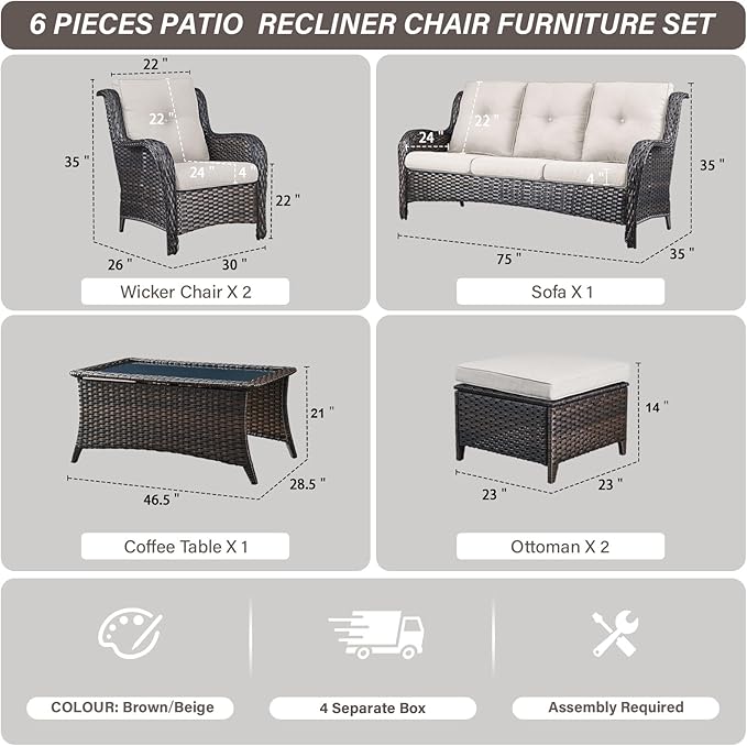 Belord Patio Wicker Sofa Set 6 Pieces Patio Furniture Set Outdoor Couch, 2 Patio Wicker Chairs with 1 Sofa - Photo 3