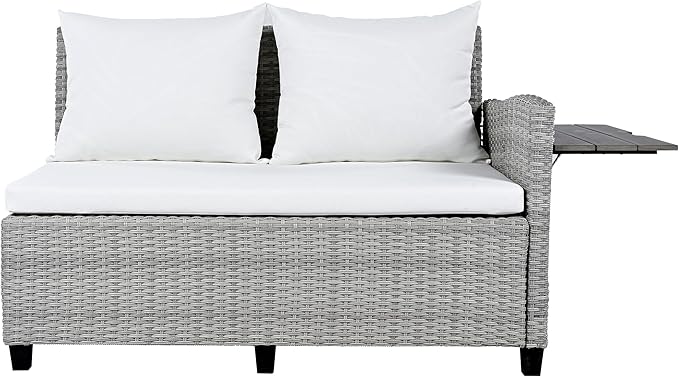 Merax Patio Furniture Sets Outdoor, All Weather Sectional PE Rattan Sofa with 2 Extendable Side Tables, Dining Table and Bench, White