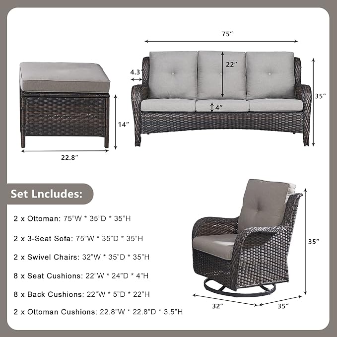 Rilyson Wicker Patio Furniture Set - 6 Piece Rattan Outdoor Sectional Conversation Sets with 2 Rocking Swivel Chairs - Photo 3