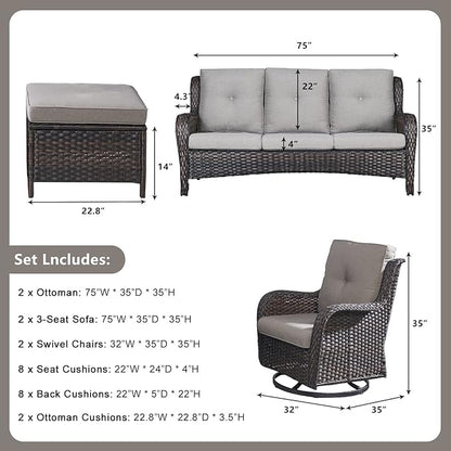 Rilyson Wicker Patio Furniture Set - 6 Piece Rattan Outdoor Sectional Conversation Sets with 2 Rocking Swivel Chairs,2 Ottomans and 2 Sofa for Porch Deck Garden(Brown/Grey)