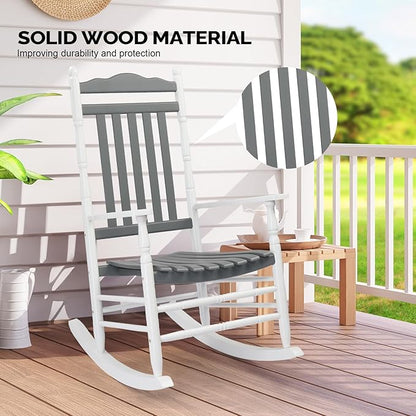 VINGLI Wooden Rocking Chair Outdoor, Patio Rockers with High Back, Support 450 LBS Rocking Chairs, for Porch, Patio, Balcony, Garden, Yard (White&Grey, 1 PC)