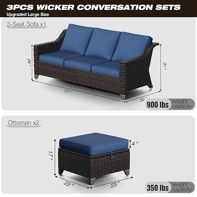 Joyside Patio Furniture Set, 3 Pieces Outdoor Wicker High Back Sofa with Ottoman and Comfy Cushions, Upgraded Large Size - Photo 2