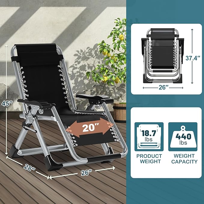 NAIZEA Padded Zero Gravity Chair, Folding Outdoor Lounge Chairs, Adjustable Reclining Camping Chairs with Cup Holder - Photo 2