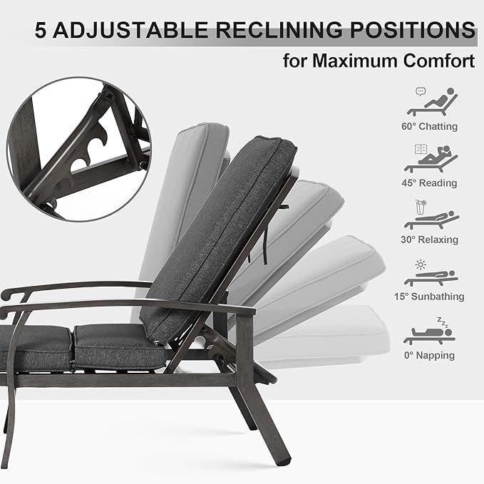 Chaise Lounge Chair Outdoor with Wheels, Cast Aluminum Tanning Chair with Grey Cushion - Photo 3
