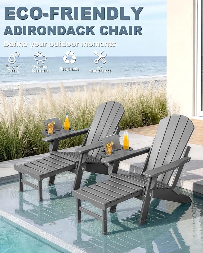 Adjustable Adirondack Chair with Retractable Ottoman Set of 2, HDPE Folding Adirondack Chair with Cup Holder - Photo 4