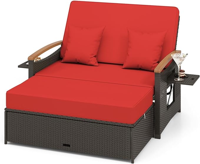 LDAILY Moccha Outdoor Wicker Daybed, Patio Rattan Loveseat Sofa w/ 4-Level Adjustable Backrest, Folding Panels - Photo 1