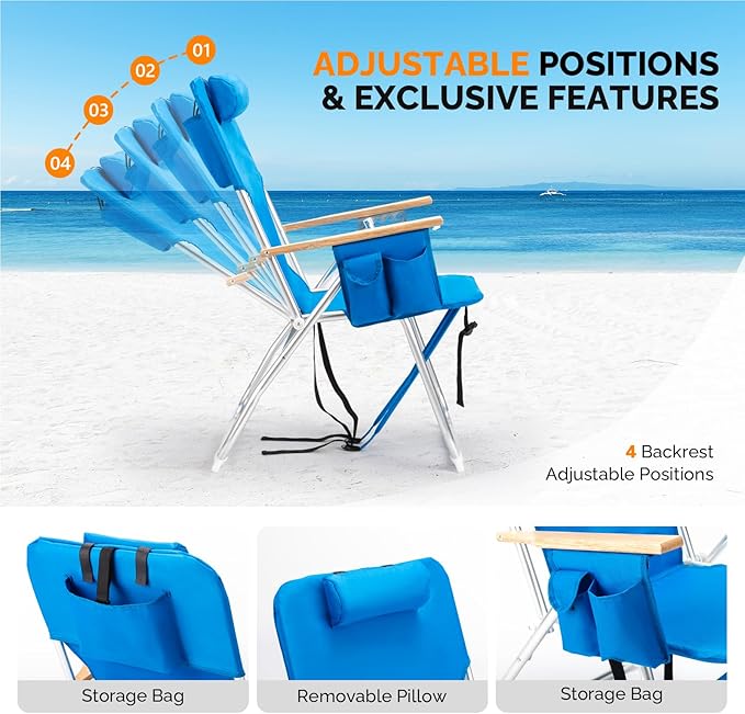 VINGLI 17" Tall Beach Chairs for Adults,Aluminum 4-Position Backpack Beach Chair with Wooden Armrests,Folding Lawn Chair for Outdoor, Camping, Patio
