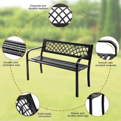Giantex Outdoor Bench, Garden Bench with Iron Steel Frame, PVC Backrest, Mesh Pattern, Ergonomic Armrests, 500 lbs Metal Outside Bench for Patio Park Porch Lawn Yard Balcony Path Entryway Deck