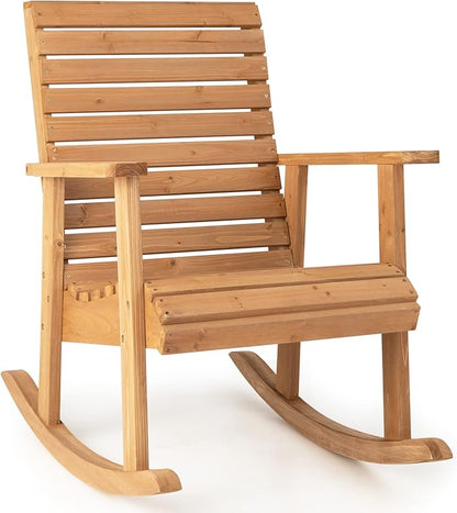 Giantex Wood Rocking Chair Outdoor - Outside Rocker with High Backrest, Wide Armrests, 330 Lbs Weight Capacity, Patio Rocking Chairs for Lawn, Backyard, Indoors, Deck, Garden, Porch Chair (1, Natural)