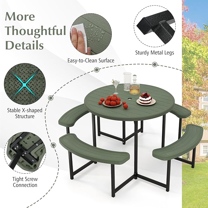 Giantex Picnic Table Bench Set for 4-8 Person, Round 37” Outdoor Dining Table w/Umbrella Hole, HDPE Tabletop - Photo 8