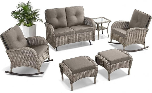 Belord 6 Pieces Wicker Patio Furniture Set with Patio Rocking Chairs - Photo 1