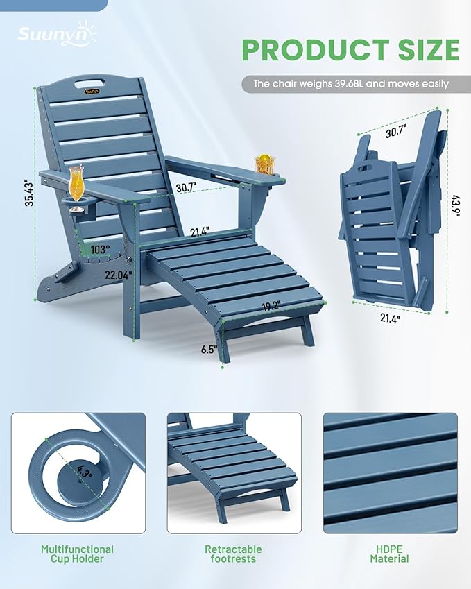 Folding Adirondack Chairs Set of 4,Adirondack Chair with Retractable Ottoman,Plastic Adirondack Chairs with 2 Cup Holder,Weather Resistant Patio Chair,Outdoor Chairs Set of 4(Navy Blue)
