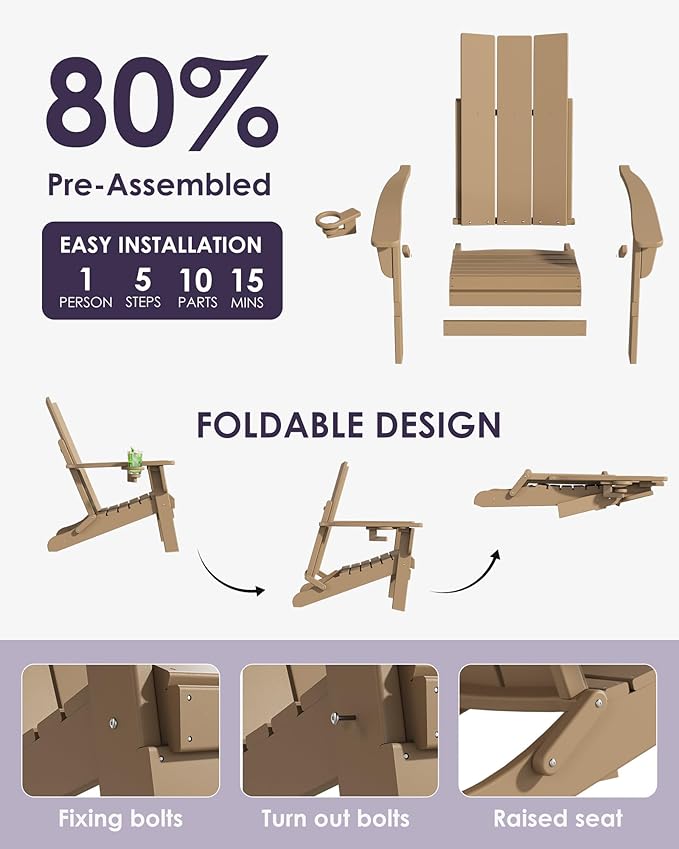 Folding Adirondack Chairs, All-Weather Resistant HDPE Patio Firepit Chairs, Sturdy Outside Chairs with Cup Holder, Pre-Installed Lawn Chairs Load Capacity 385lb, Weathered Wood