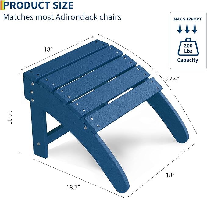 HDPE Adirondack Ottoman Foot Rest, Weather Resistant Outdoor Footstool for Adirondack Chair, Resin Patio Porch Poolside Lawn and Backyard Use