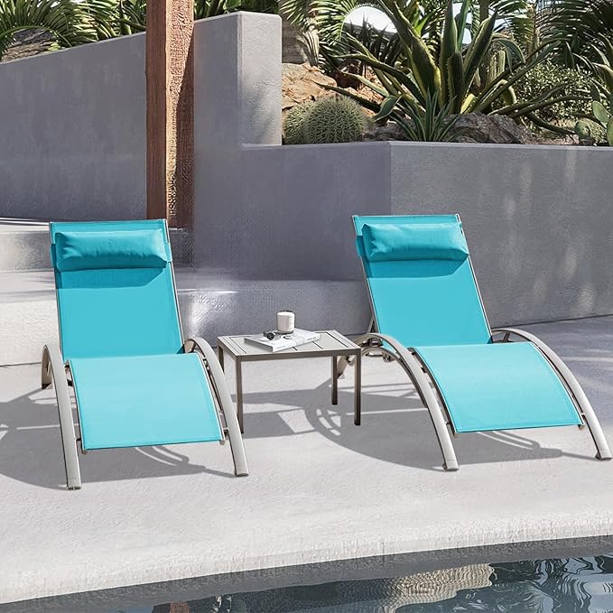 Domi Pool Lounge Chairs Set of 3, Adjustable Aluminum Outdoor Chaise Lounge Chairs with Metal Side Table, All Weather for Deck Lawn Poolside Backyard -Lake Blue Textilene