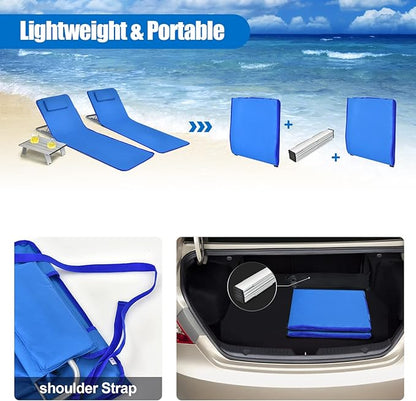 COSTWAY 3-Piece Beach Lounge Chairs, Outdoor Lounger with Side Table, 5 Reclining Positions, Lightweight & Portable Tanning Chairs for Sunbathing, Camping (Navy)