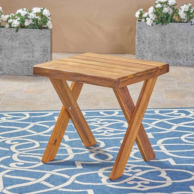 Rustic Wooden Side Table, Patio End Table with Slatted Top, Portable Small Square Outdoor Coffee Table for Garden, Balcony, or Living Room, Teak