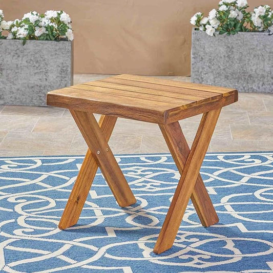 Rustic Wooden Side Table, Patio End Table with Slatted Top, Portable Small Square Outdoor Coffee Table for Garden, Balcony, or Living Room, Teak