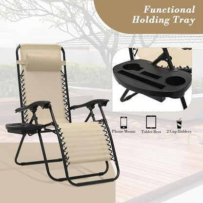 Athena Collection Zero Gravity Chair, Outdoor Lounge Chair with Adjustable Pillow and Cup Holder, Reclining Camping Chair for Outside Beach Lawn Garden Patio Poolside Set to 2- Cream