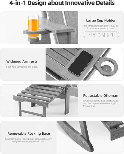 Folding Adirondack Rocking Chair Set of 2,4-in-1 Multifunctional Patio Chairs with Retractable Ottoman, Outdoor Chairs Wood Texture, Lawn Chair for Porch, Backyard, Pool(Grey)