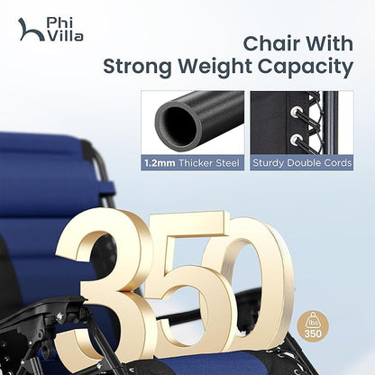 PHI VILLA Oversized Padded Zero Gravity Chair Set of 2, Foldable Patio Recliner, 26" Wide Seat Anti Gravity Lounger with Armrest and Cup Holder, Support 350 LBS (Navy Blue)