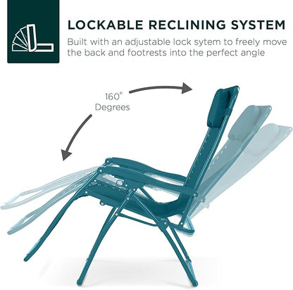 Best Choice Products Oversized Zero Gravity Chair, Folding Outdoor Patio Lounge Recliner w/Cup Holder Accessory Tray, Pillow - Peacock