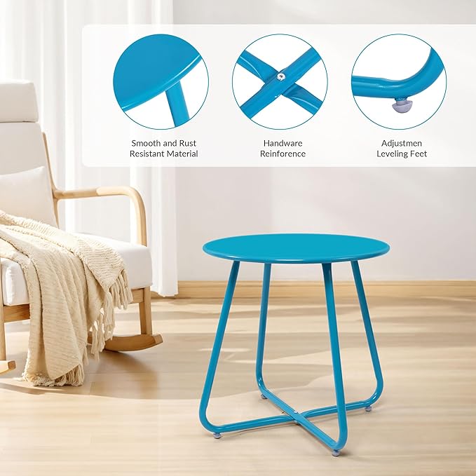 Elevon Weather Resistant Outdoor 17.5” Round End Accent Table for Bistro Balcony, Sky Blue